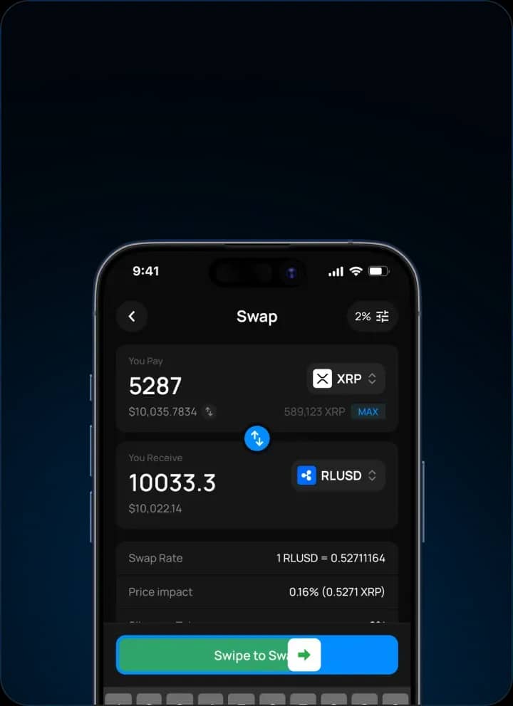 Katz Wallet mobile app showing an swap on the XRP Ledger