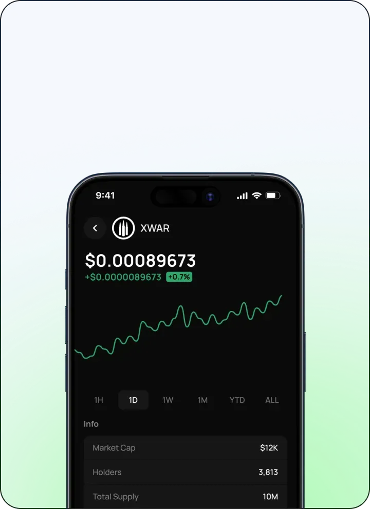 Katz Wallet token market page with a live XWAR price chart, market cap and holder data