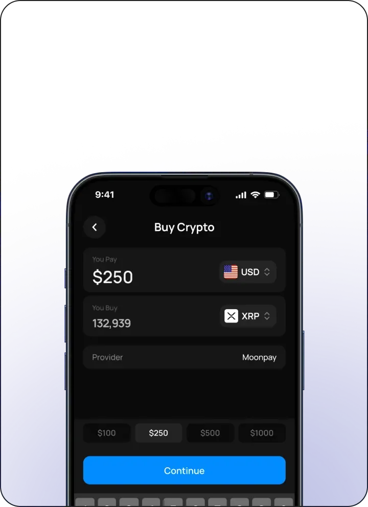 Katz Wallet buy crypto screen for purchasing XRP with USD through a fiat on-ramp